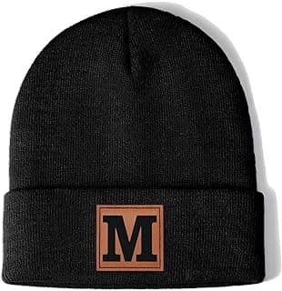 Unisex Initial Knit Beanie Hat for Men Women Leather Letter A-Z Winter Skull Cap Christmas Stocking Stuffers Gifts