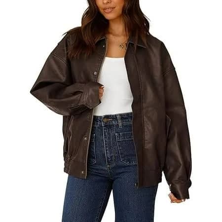 Prettygarden Women's Oversized Faux Leather Motorcycle Jacket