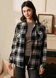 Women's Matching Family Black White Plaid Flannel Shirt Jacket - Black White / S