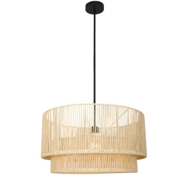 Uixe 21.5 in. 1-Light Rattan Wicker Drum Boho Pendant Light Chandelier Light Hand Woven Shade Yellow