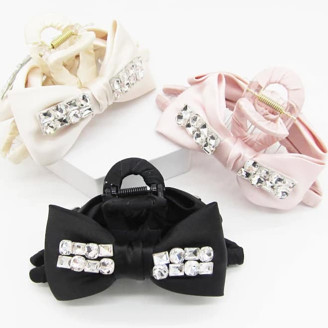 Satin Bow Rhinestone Claw Clip