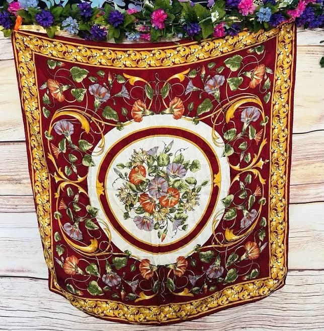 Vintage Colorful Maroon Yellow Square Baroque Poppy Floral Print Silk