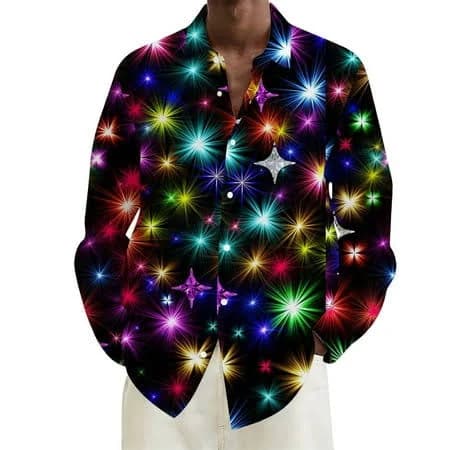 XIAOCHA Xiaonu Men Firework Print Button Down Shirt Long Sleeve Vibrant Party Top Festival Casual Wear Shirts, Men's, Size: Large, Yellow