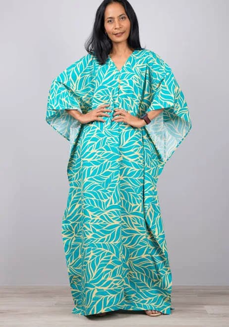 Boho Leaf Print Cotton Kaftan Maxi Dress