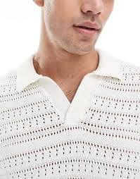 ONLY & SONS dropped shoulders open knit split neck polo shirt in white | ASOS