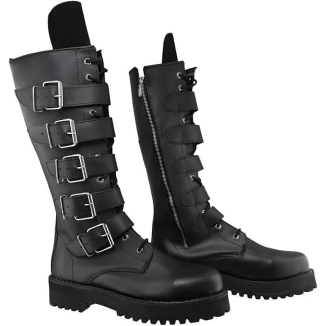 Gothic Punk Leather Knee-High Boots with 5 Buckles
