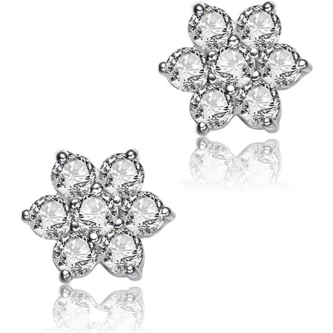 Rozzato Sterling Silver Clear Round Cubic Zirconias Flower Shape Earrings