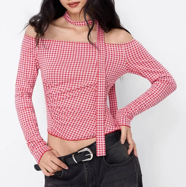 Off-Shoulder Ruched Jacquard Gingham Top with Scarf