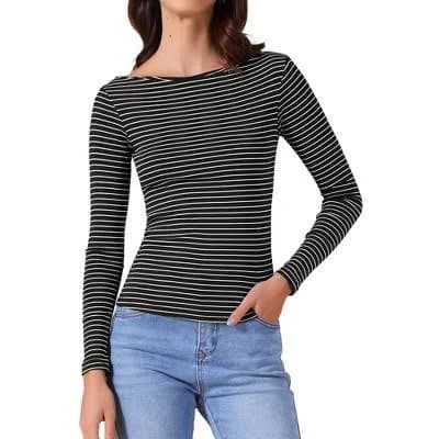 Inspire Chic Women's Stretchy Long Sleeve Boat Neck Striped Tee Shirt