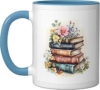 Vintage Books Flowers Cottagecore Light Academia Aesthetic Ceramic Mug, Blue/White