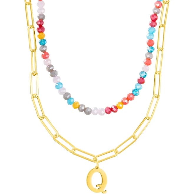 14k Gold Plated Adjustable Layered Color Beads and Paperclip Chain Initial Necklace gold