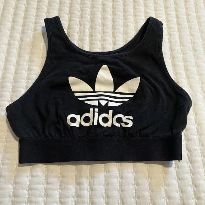 Adidas Sports Bra Black White Logo Sleeveless Workout Top No Lining Sz