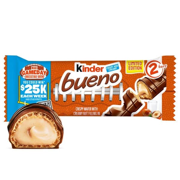 Kinder Bueno Milk Chocolate Bars with Crispy Wafer and Hazelnut Cream, 30 Count, 2 Bars per Pack, 1.5 oz Each