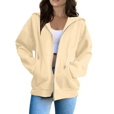 eanje Beige Womens Hoodies Long Sleeve Zip Up Winter Sweatshirts Lightweight Loose Fit Cotton Hoodies Casual Drawstring with Pocket Jacket