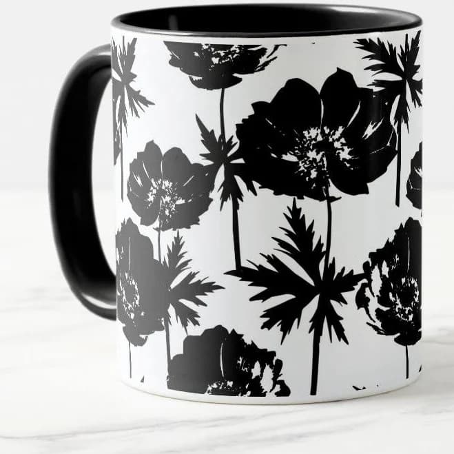 Black flowers, white, Monochrome Mug