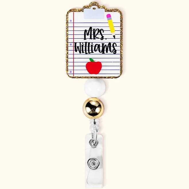 Personalized Retractable Beaded Acrylic Pencil Apple Badge Reel