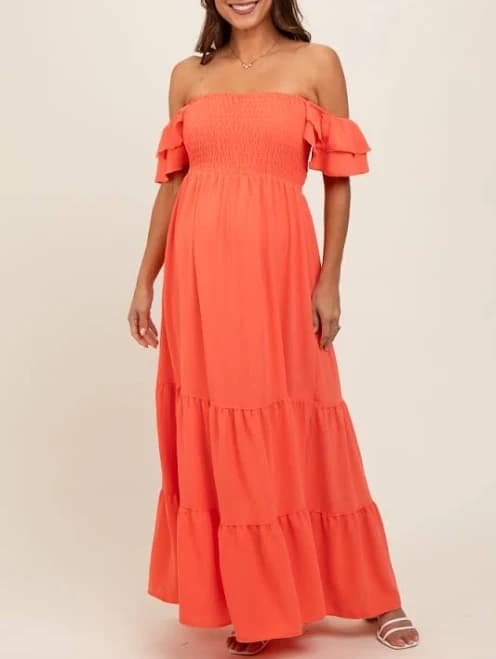 Smocked Ruffle Off Shoulder Tiered Maternity Maxi Dress
