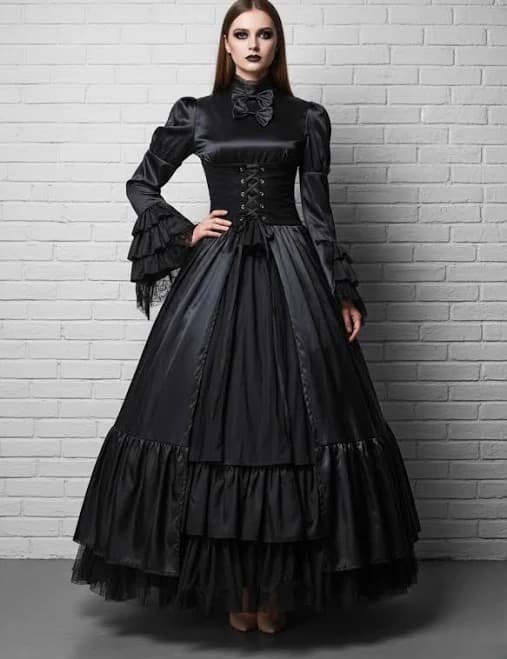 Victorian Corset Dress with High Neck Bow and Puffed Sleeves
