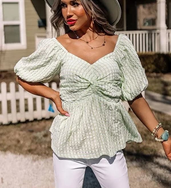&merci Green Gingham Checkered Sweetheart Smocked Top With Puff