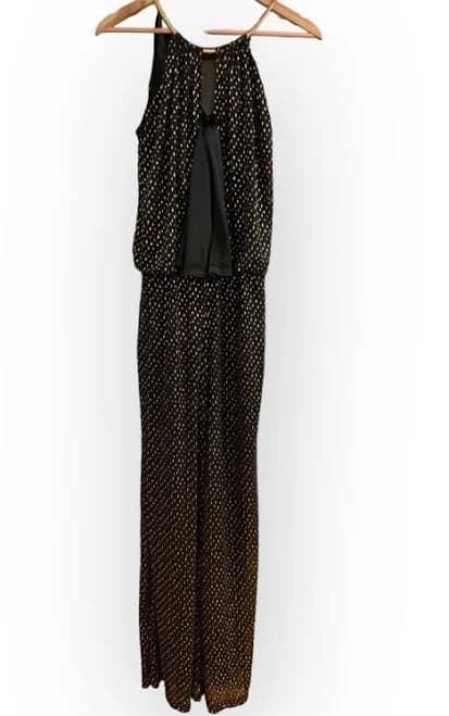 Black Gold Cache Jumpsuit Romper W Gold Metal Embellished Halter Small