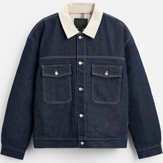 Zara Men Contrast Collar Denim Jacket Xl 4083/301 Blue Coat Outerwear