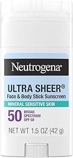 Neutrogena Ultra Sheer Dry Touch SPF 50 Mineral Sunscreen Stick for Sensitive Skin, Zinc Oxide, Body & Face Sunscreen with Vitamin E, No White Residue & Vegan, 1.5 oz