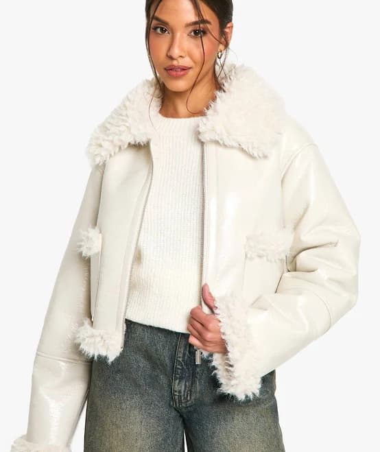 Boohoo Women's Vinyl Faux Fur Trim Jacket