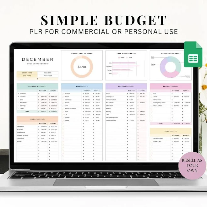 Simple Budget Spreadsheet: Personal Finance Tool for Google Sheets (PLR)