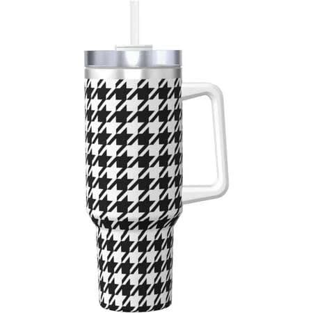 Houndstooth Large Classic Pattern 40 Oz Tumbler With Handle And Straw Lid, Insulated Reusable Stainless Steel Travel Mug Iced Tea Or Coffee, Smoothie