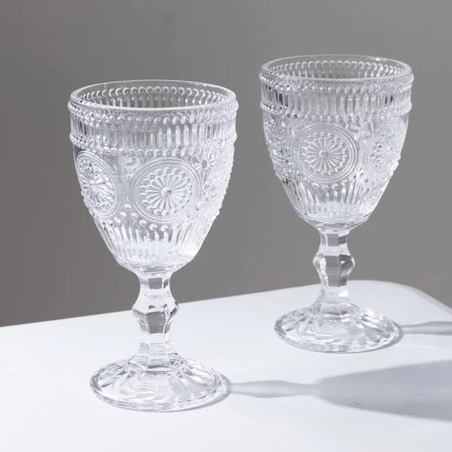 6-Pack Clear Vintage Goblets 11Oz – Embossed Glass Cocktail & Wine Glasses With Floral Design - Wholesale by TableclothsFactory