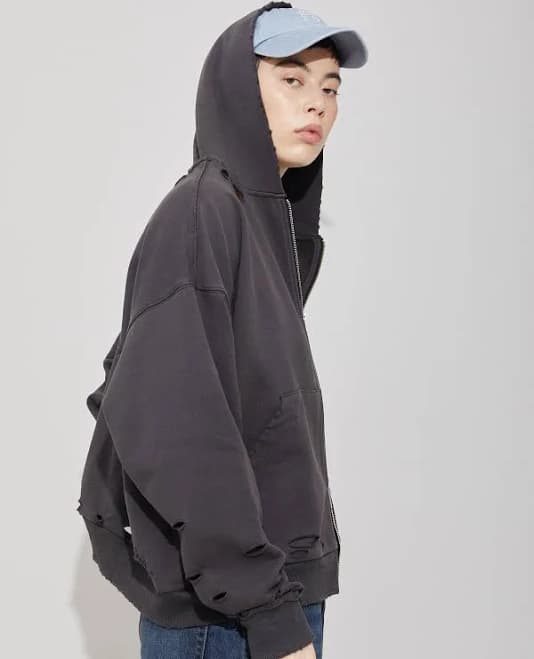 Washed Aging Destroyed Zip Up Hoodie