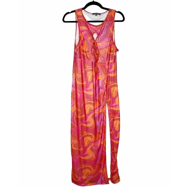 Misguided Marble Bodycon Lace Up Midi Dress Pink Orange Size 14 Us