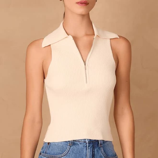 Off-White Ribbed V Neck Zipper Tank Top
