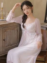 Slessic Victorian Women's Nightgown Empire Waist Long Sleeve Lace Trim Sleepwear Vintage Pale Pink Mesh Loungewear Dress for Comfortable Breathable Sleep – SlesSic
