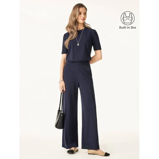 Petite Mid Rise Wide Leg Pants with Pockets and Banded Hem
