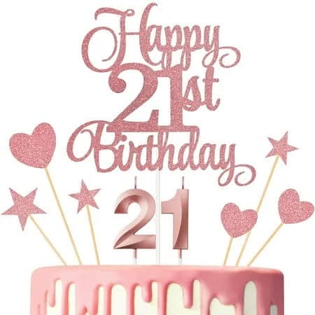 Number 21 Candles and Cake Topper Set, 21st Birthday Party Supplies, Glitter Happy Birthday Sign with Sparkling Star and Heart Decorations for Cakes,