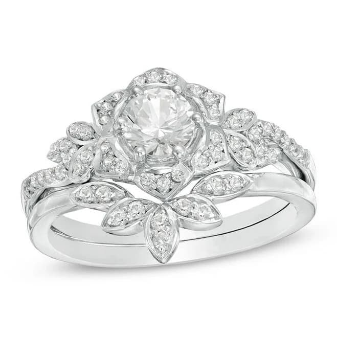 Sterling Silver Floral Bridal Set with Lab-Created White Sapphire