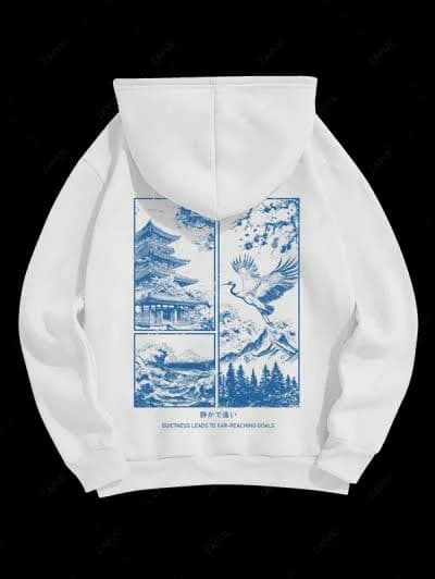 ZAFUL Men's Men's Japanese Letter Landscape Mountain Tree Floral Crane Graphic Pattern Fuzzy Fleece-lined Kangaroo Pocket Design Pullover Hoodie