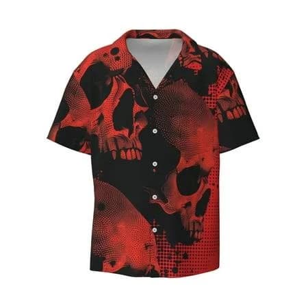 Men's Abstract Skull Print Short Sleeve Button Down Shirt
