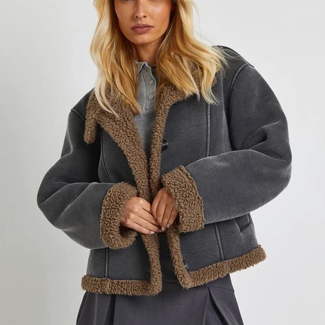Boohoo Women's Faux Fur Detail Suede High Neck Aviator Jacket