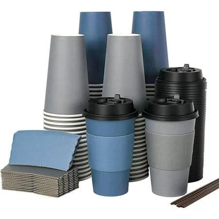 100 Pack 16 oz Disposable Paper Coffee Cups with Lids, Sleeves and Stirring Sticks for Hot Coffee, Water or Juice, Blue and Gray Hot Paper Cups for