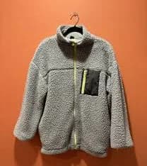 Sherpa Teddy Jacket Oversized Wmn Sz S Small Fleece Gray With Neon Zipper