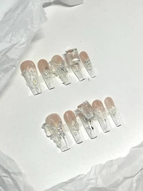 Crystal Dimension Press On Nails - Extra Long Clear Square Set - 3D Sculpted Glass Tips with Butterfly & Foil Accents - Handmade Fantasy Nai