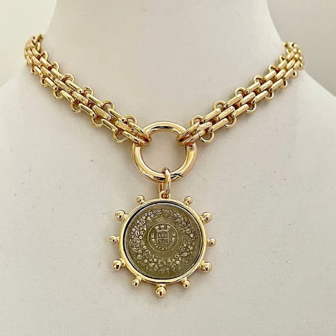 Art Deco French Coin Pendant Chunky Chain Necklace