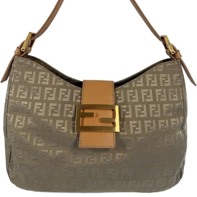 Fendi Vintage Beige Gold Zucca Monogram Hobo Shoulder Baguette Bag