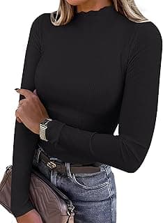 Women's Lettuce Trim Mock Neck Long Sleeve Tops 2025 Casual Dressy Ribbed Knit Slim Fit Tee Shirt Fall Layer Outfits