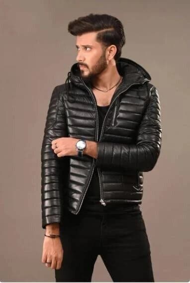 Mens Genuine Black Hooded Bomber Leather Jacket | Real Lambskin Waxed Brown Leather Jackets for Men with Removable Hood