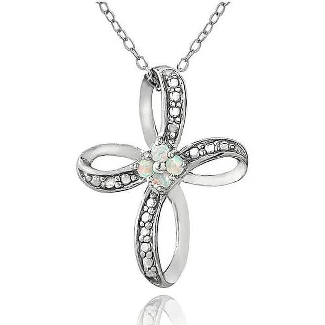 Sterling Silver Created White Opal Cross Pendant