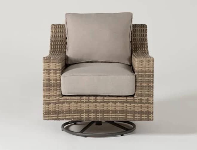 Beige Wicker Outdoor Swivel Chair | Suredura Fabric Deep Seated with Arms Contemporary - 35.04"W x 36.22"D x 32.68"H at Living Spaces