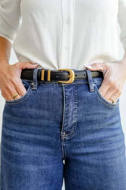 Black Leather Belt with Double Metal Strap Loops Gold / M